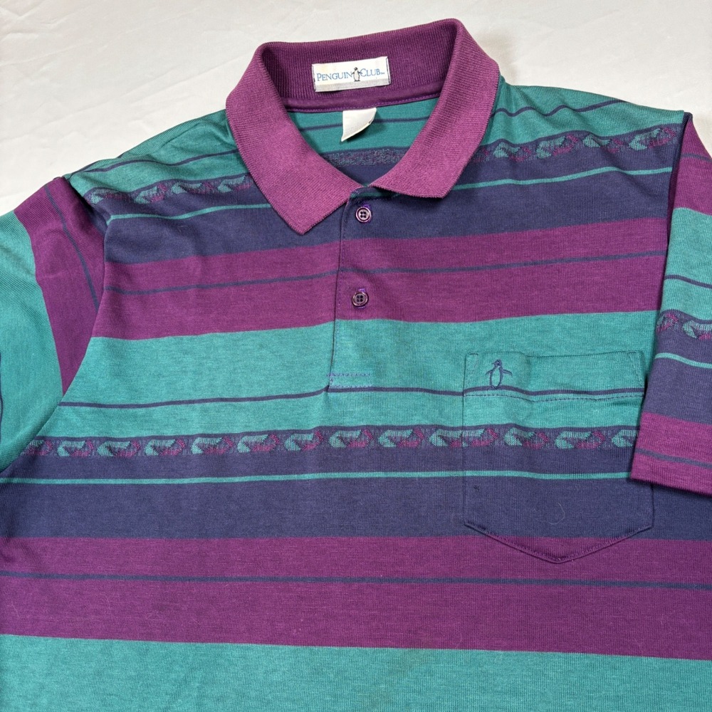 Penguin Club Polo Shirt Mens XL Purple Teal Striped Vintage Short Sleeve Pocket